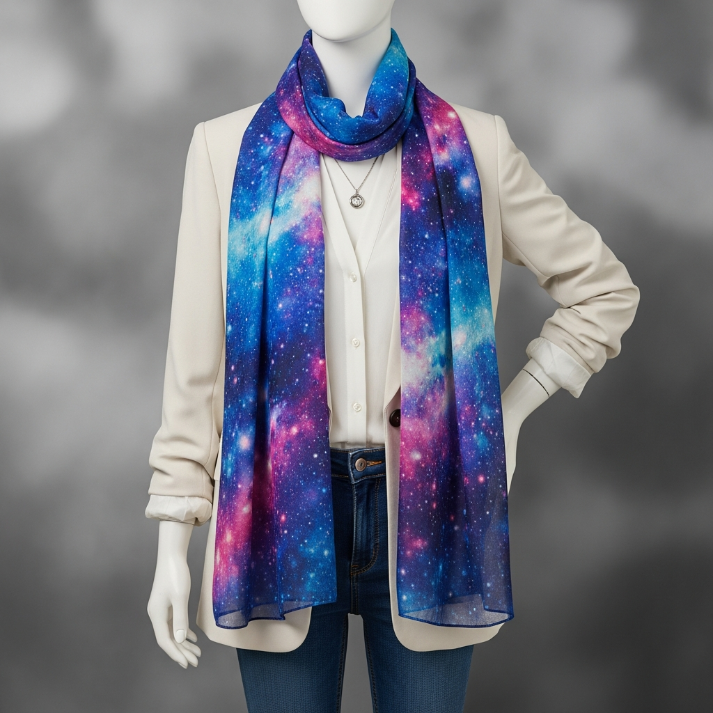 A Nebula Scarf styled with a contemporary outfit